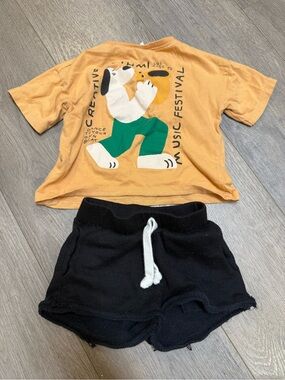 Zara Mustard Graphic Tee and Black Drawstring Shorts Set